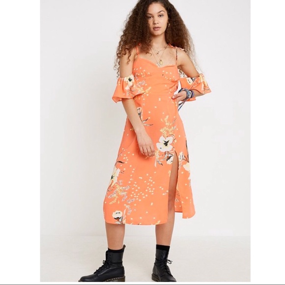 Urban Outfitters Midi Dress Coral Medium Floral - Picture 2 of 8